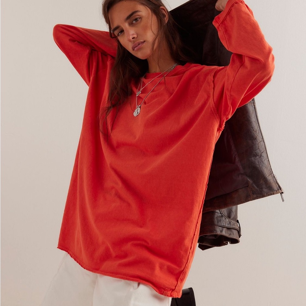 Free People Long Sleeve Tee in Vibrant Orange-Red